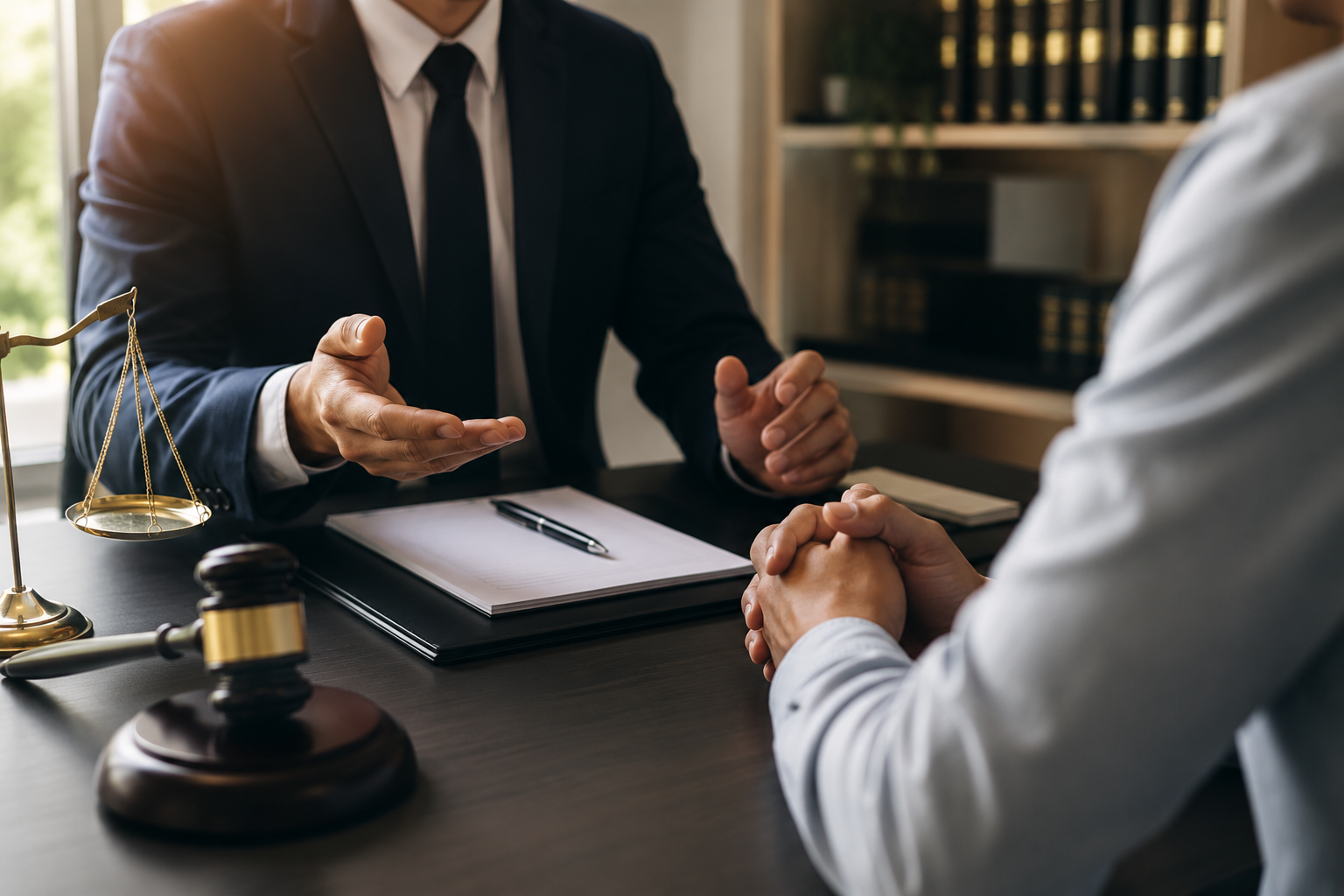 Advogado em terno escuro gesticulando durante reunião com cliente em escritório de advocacia, balança da justiça dourada e martelo de juiz sobre a mesa, estantes de livros jurídicos ao fundo, mãos entrelaçadas do cliente em primeiro plano, tons de madeira escura e dourado, iluminação natural suave, fotografia corporativa realista